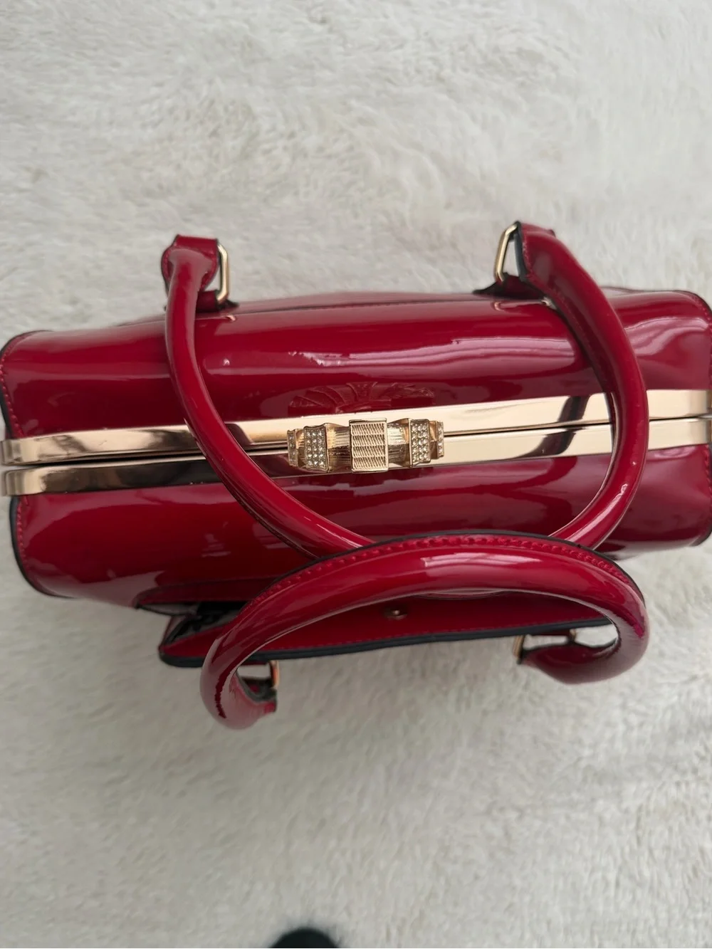 Patent Leather Red Top-Handle Bag with Gold Hardware